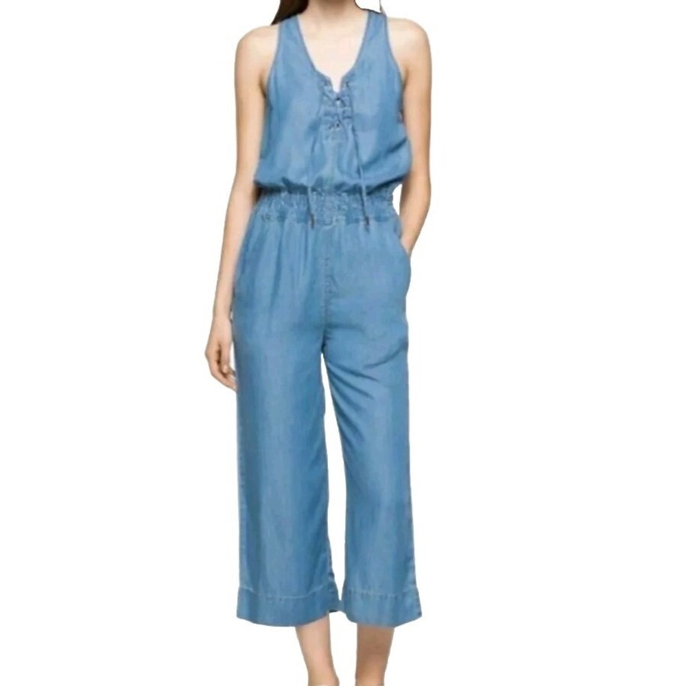CALVIN KLEIN Lyocell Chambray DENIM BLUE Lace-Up SMOCKED WAIST Ankle JUMPSUIT XS